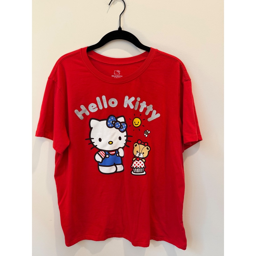 Large Hello Kitty Sanrio Red Graphic T-Shirt Silver Glitter Logo Tee